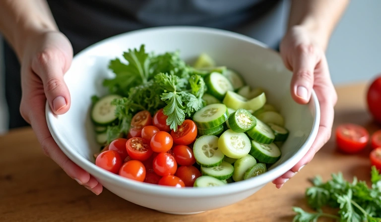 Person bereitet eine bunte Salatschüssel zu, Fokus auf frische Zutaten